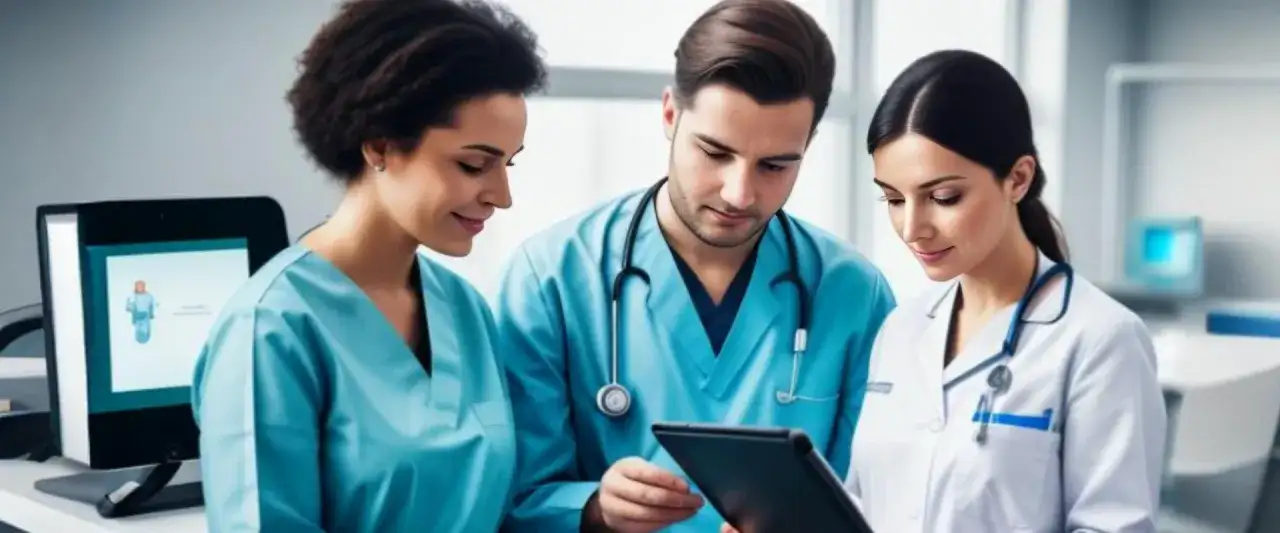 Trzech lekarzy analizuje dane na tablecie, zastanawiając się, czy sztuczna inteligencja zastąpi lekarzy w przyszłości.