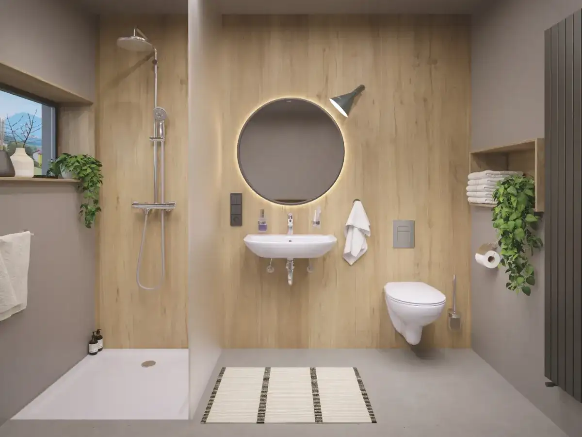 Nowoczesna łazienka z prysznicem z oknem w środku, umywalką, toaletą i drewnianymi akcentami.