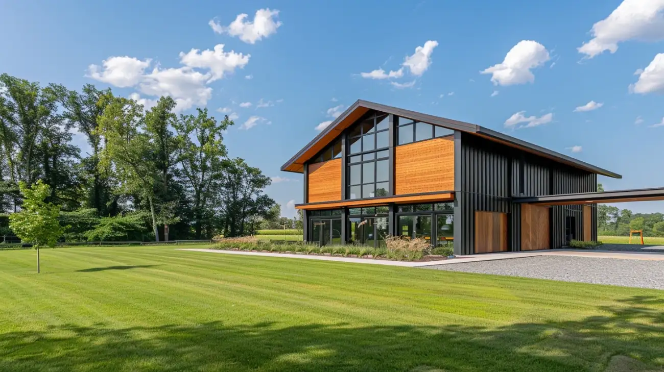 Projekt nowoczesnej stodoły z 5 pokojami i dwustanowiskową wiatą garażową