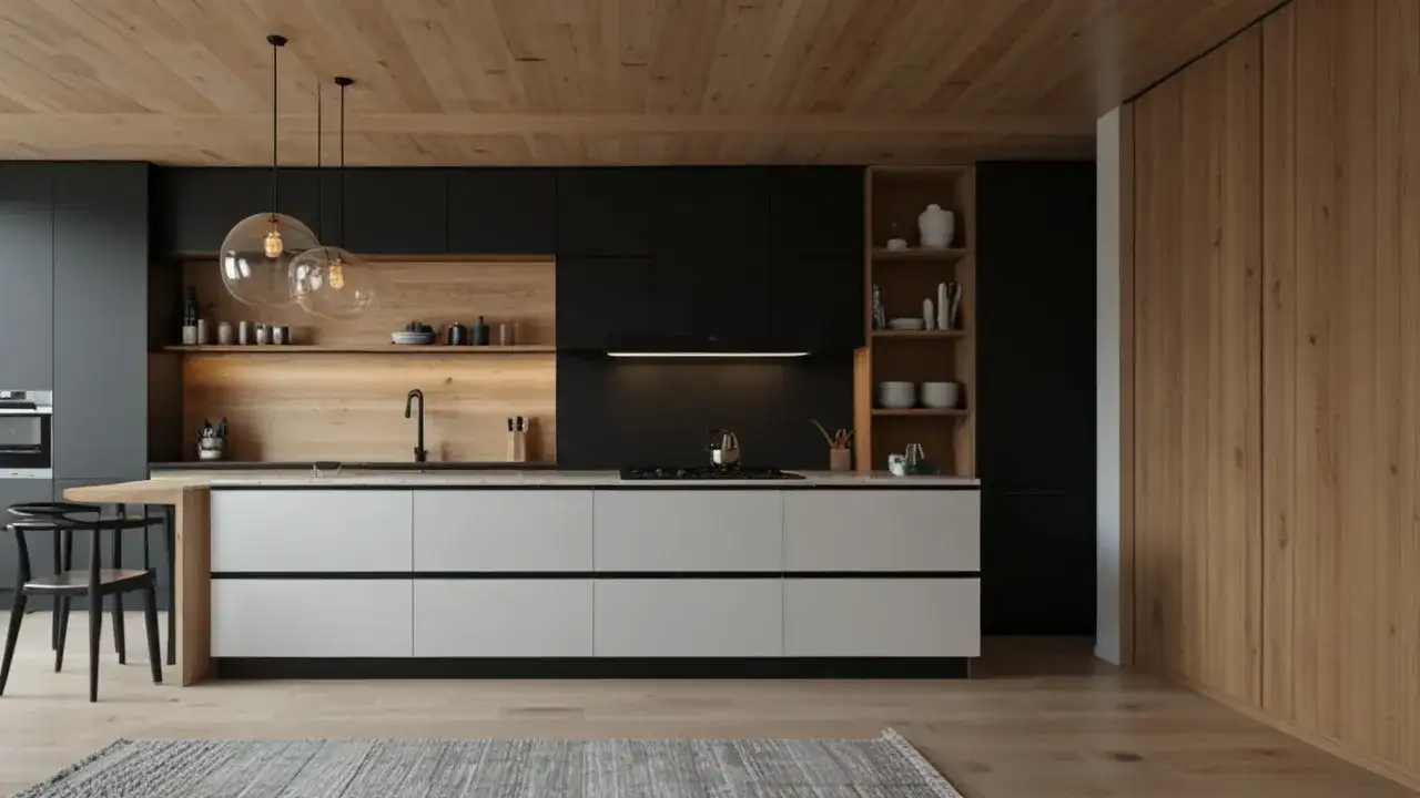 Kuchnia biało czarna z drewnem - stylowe połączenie kolorystyczne