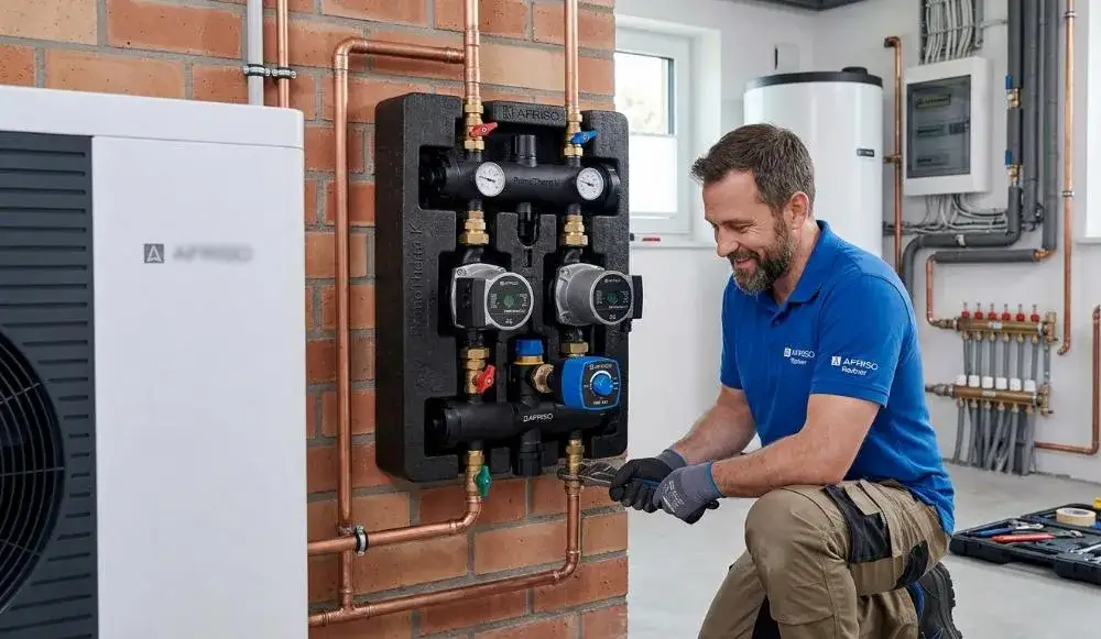 Instalator podczas montażu grupy pompowej AFRISO w kotłowni