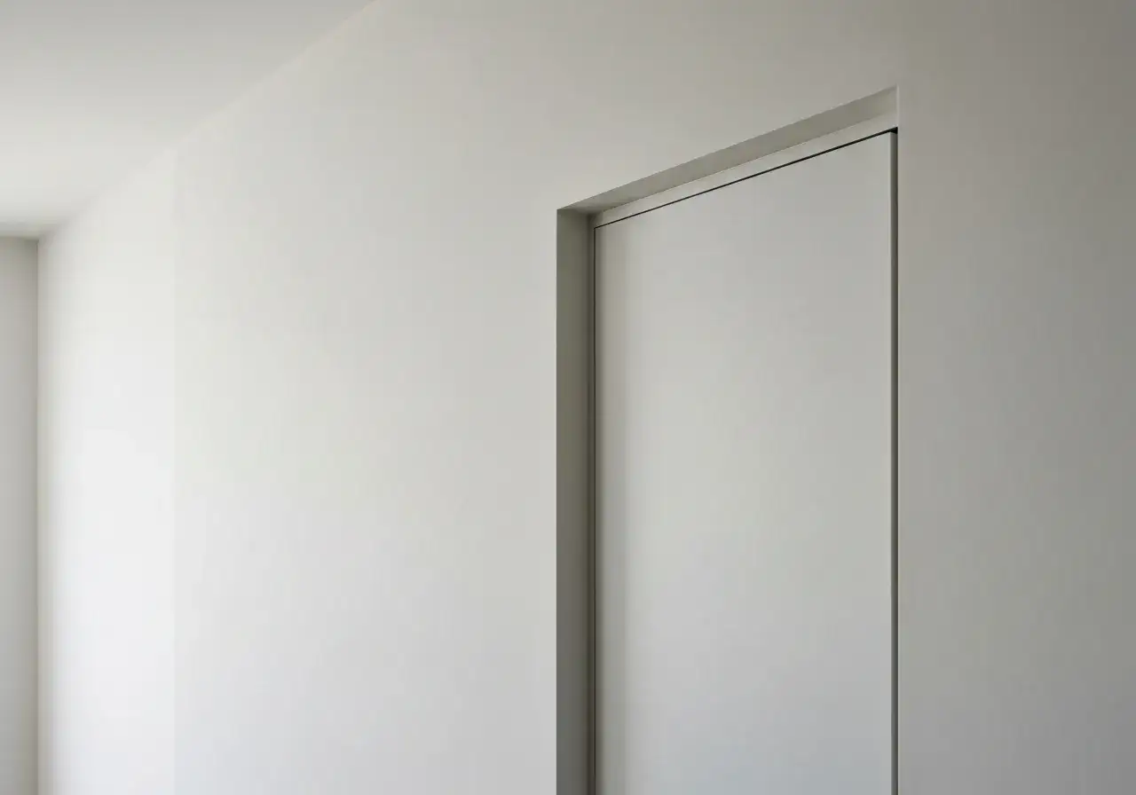 Minimalistyczne wnętrze z ukrytymi zawiasami w drzwiach, które idealnie wtapiają się w ścianę, tworząc gładką powierzchnię.