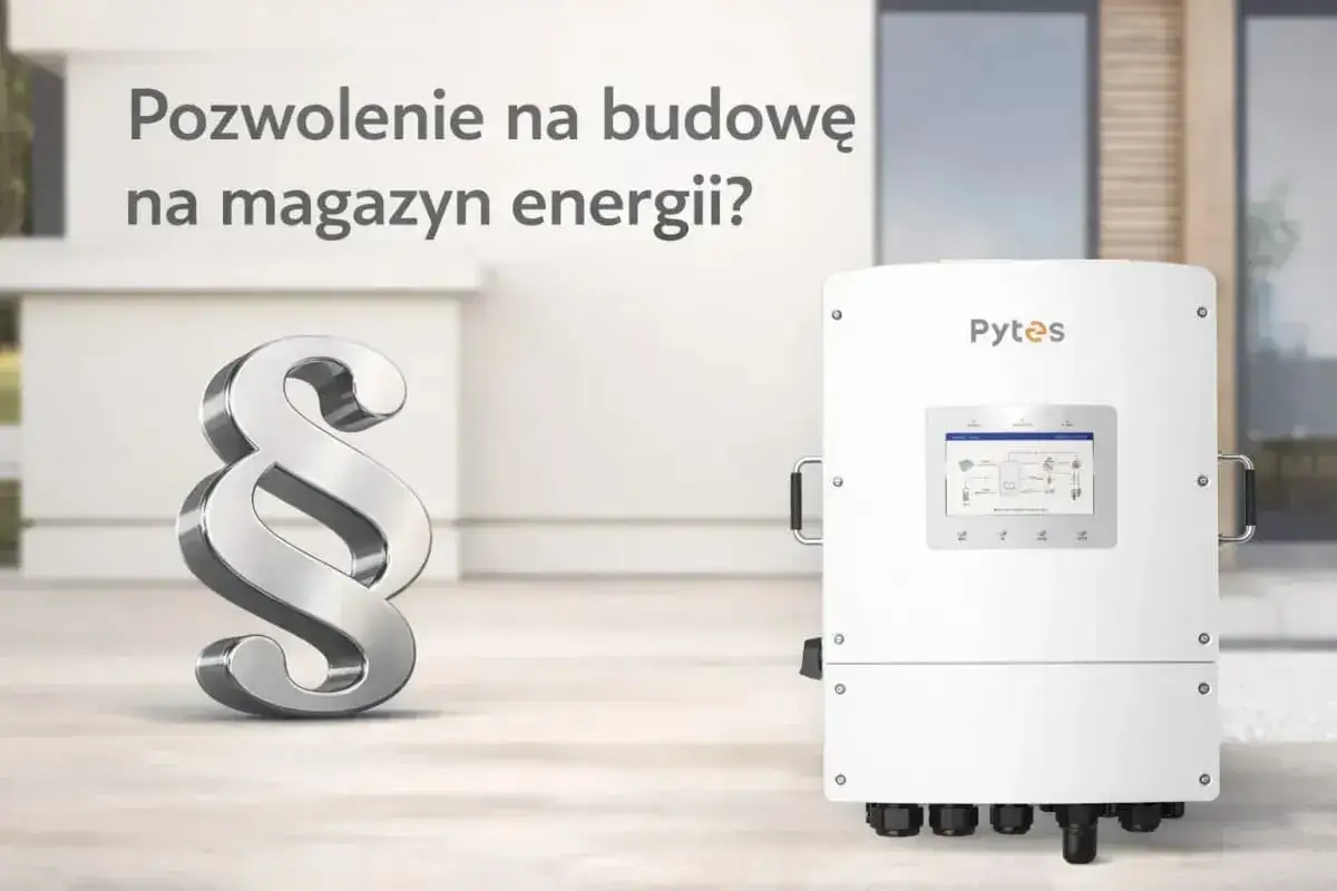 Czy magazyn energii trzeba zgłaszać? Symbol paragrafu i nowoczesny falownik Pytes sugerują kwestie prawne związane z magazynowaniem energii.