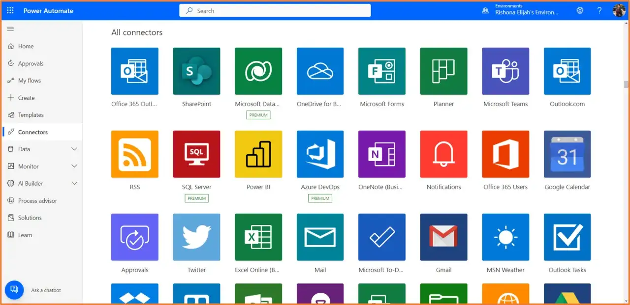Interface de Power Automate affichant de nombreux connecteurs, dont Azure Logic Apps, pour automatiser des t&acirc;ches.