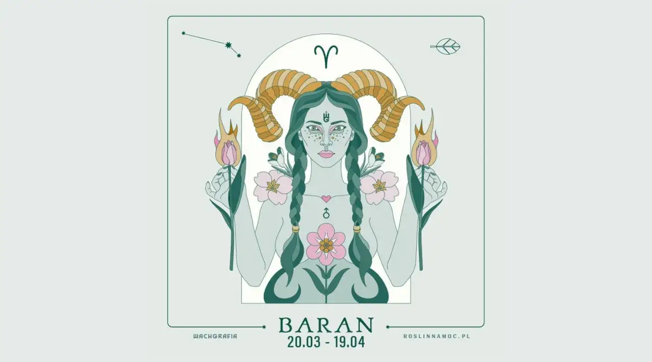Ilustracja z symbolem Barana, przedstawiająca postać z rogami i kwiatami. Sprawdź swój horoskop na jutro dla Barana!