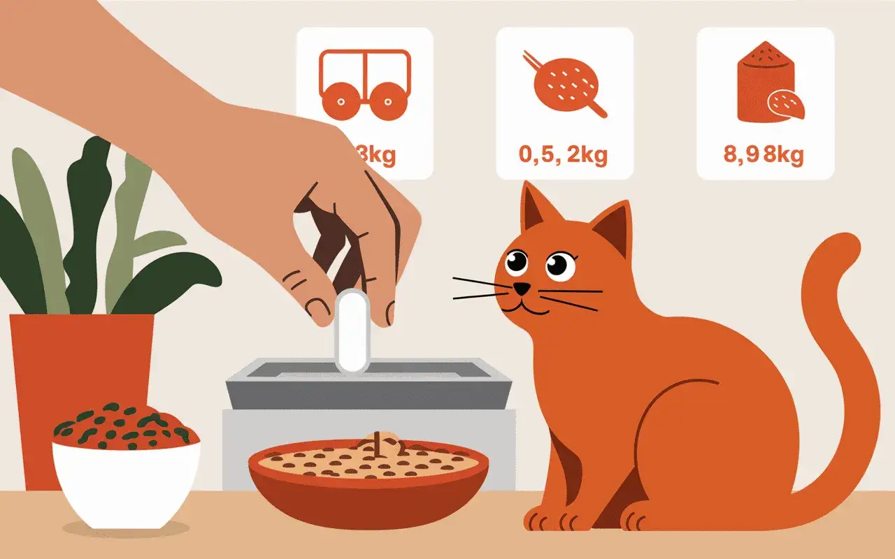 Un chat roux attend sa dose de Credelio. La main dépose une pilule dans sa gamelle. Avis Credelio chat : dosage selon le poids.