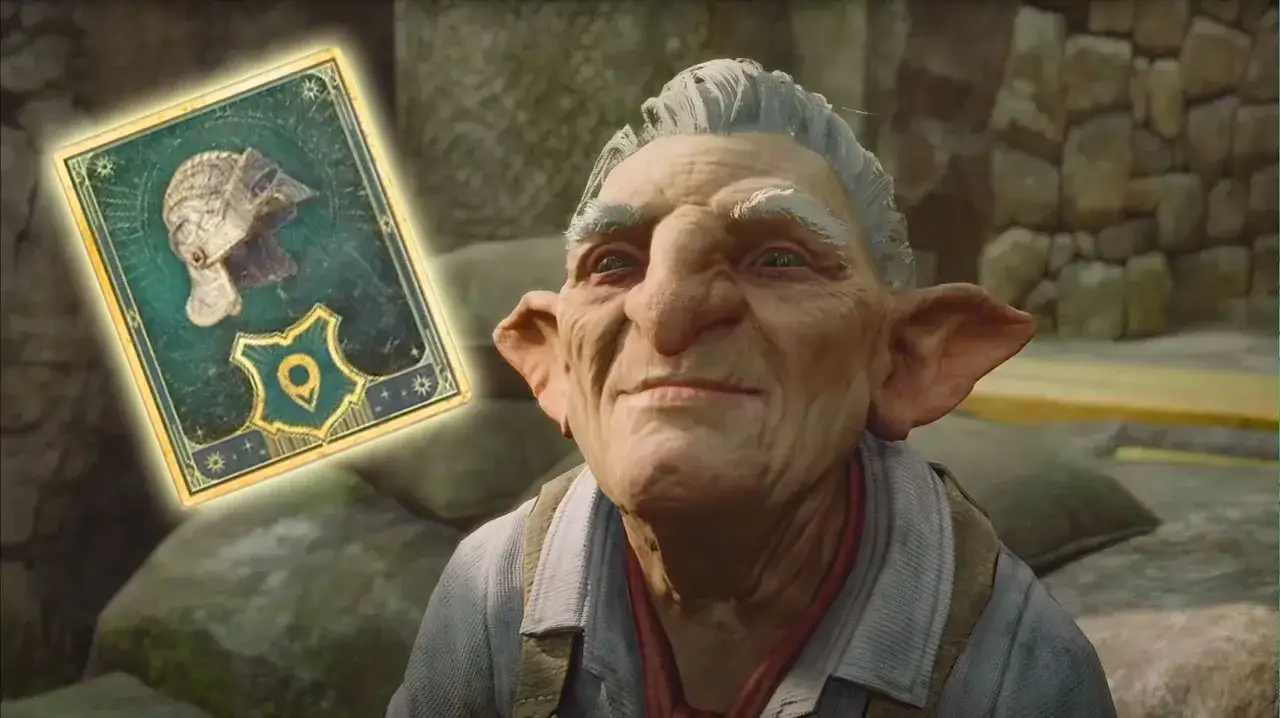 Un duende sonriente muestra una carta de Hogwarts Legacy: El Yelmo de Urtkot.