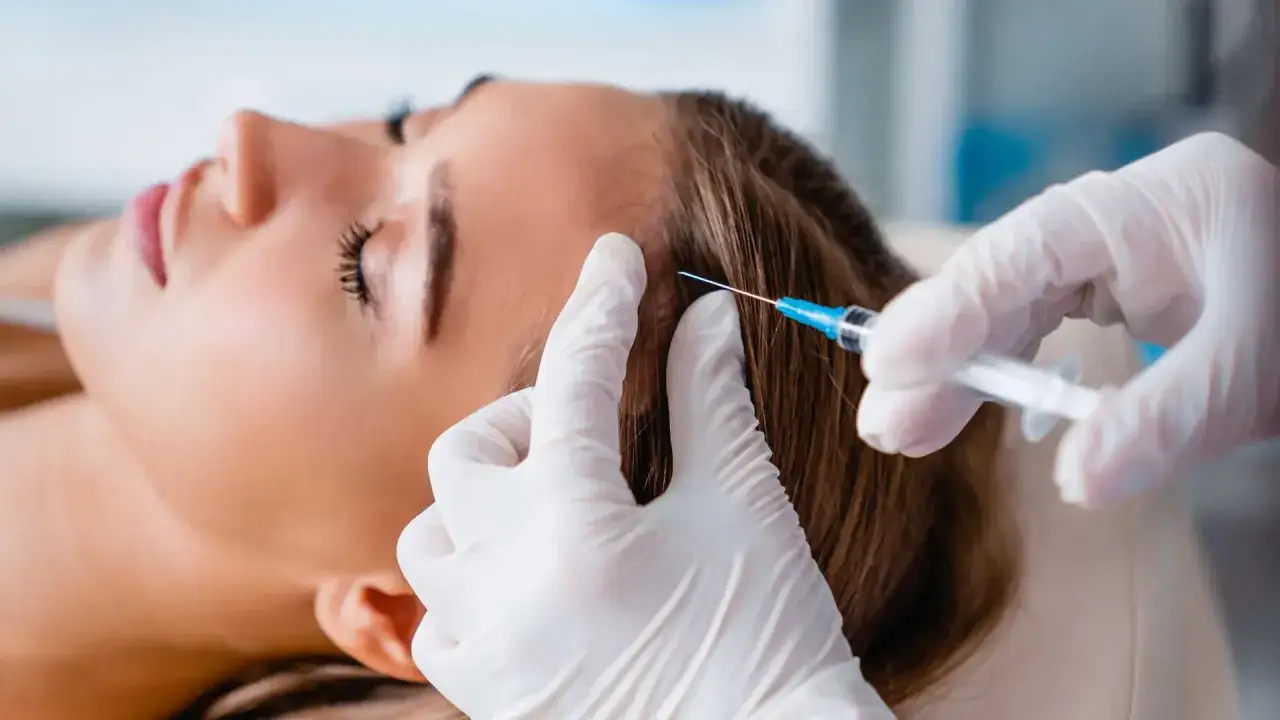 Una mujer recibe mesoterapia capilar. Unas manos enguantadas inyectan una soluci&oacute;n en su cuero cabelludo para estimular el crecimiento del cabello.