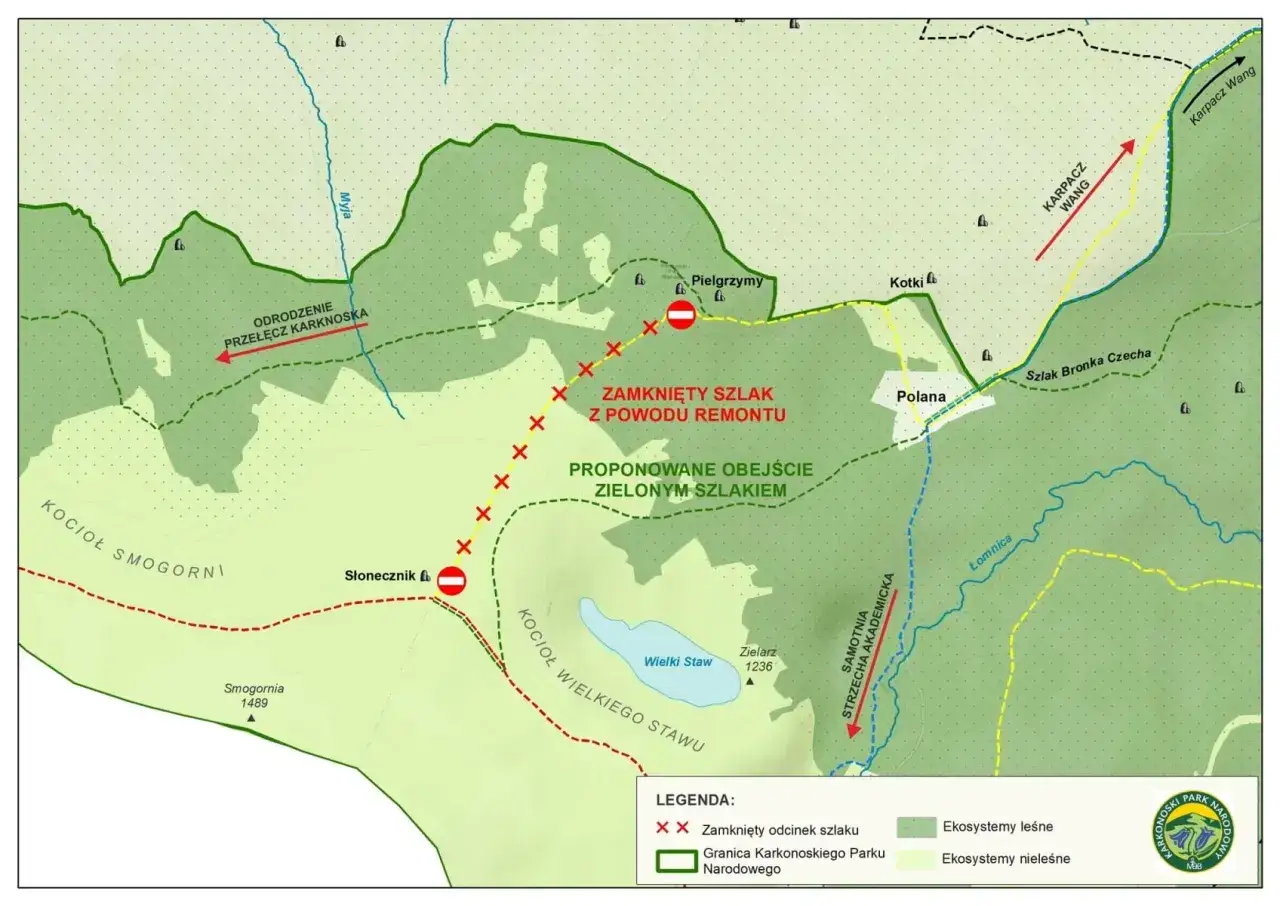 Mapa Karkonoszy z zaznaczonym zamkniętym szlakiem z powodu remontu i proponowanym obejściem. Trudność szlaków górskich jest tu widoczna przez czerwone krzyże i znaki zakazu.