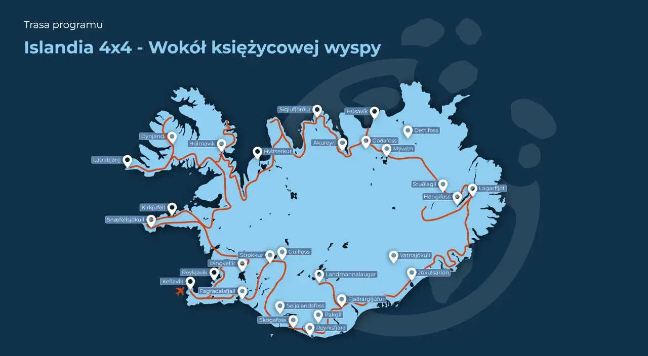 Mapa Islandii z trasą 4x4 wokół wyspy. Planujesz podróż z jakim biurem na Islandię? Zobacz trasę!