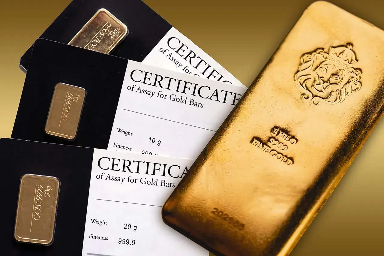 Złoto LBMA: sztabki o wadze 10g, 20g i 1kg, wraz z certyfikatami potwierdzającymi ich czystość 999.9.