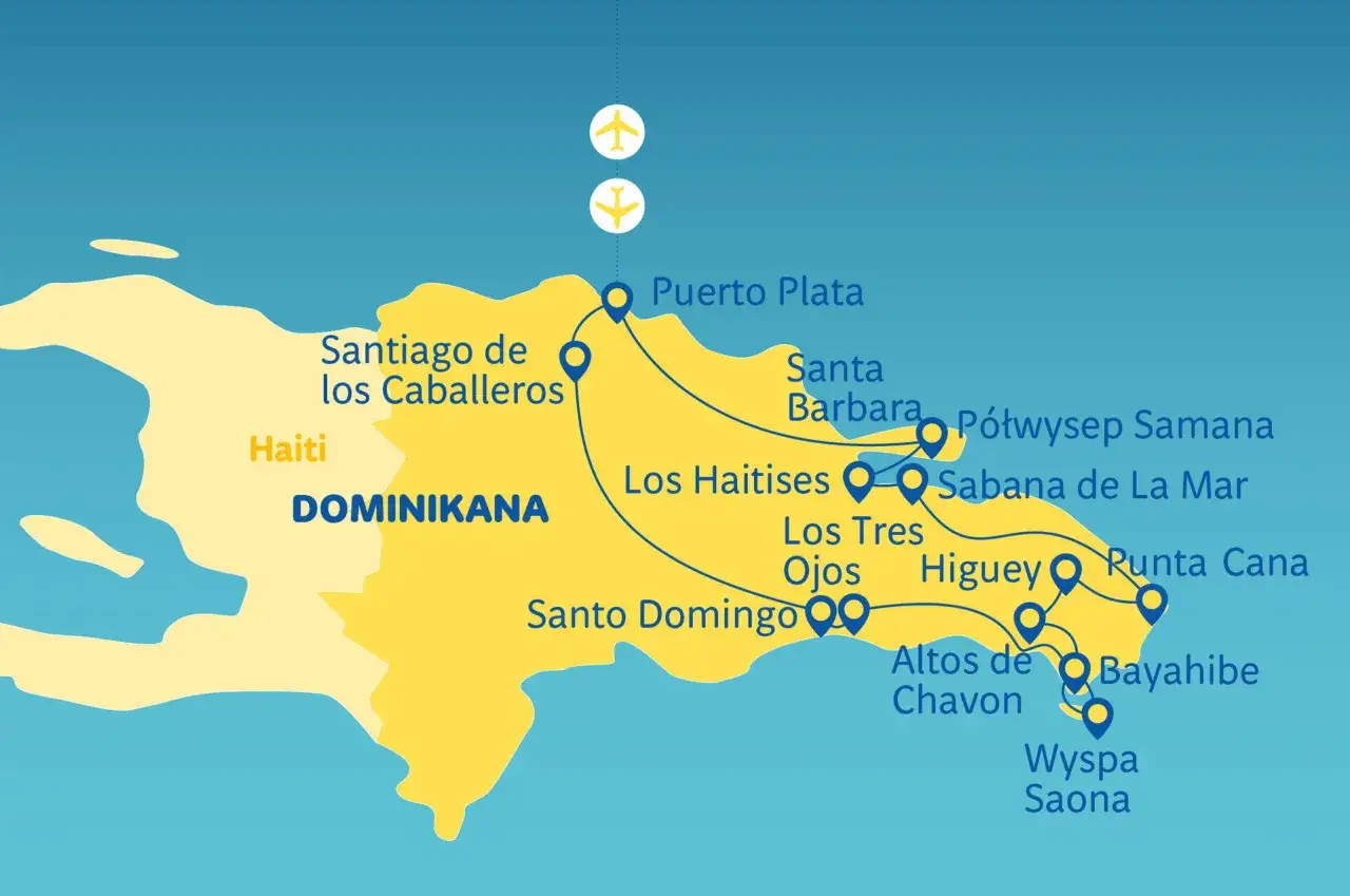Mapa pokazuje, gdzie leży Dominikana, z zaznaczonymi miastami jak Santo Domingo, Punta Cana i Puerto Plata.