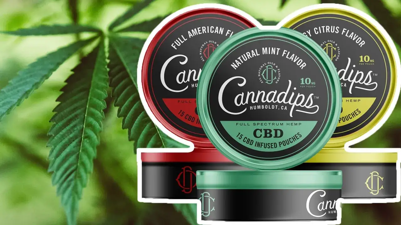 Tre burkar med Cannadips CBD snus effekt. En gr&ouml;n med mintsmak, en r&ouml;d med amerikansk smak och en gul med citrussmak. Bakgrunden &auml;r en gr&ouml;n cannabisplanta.