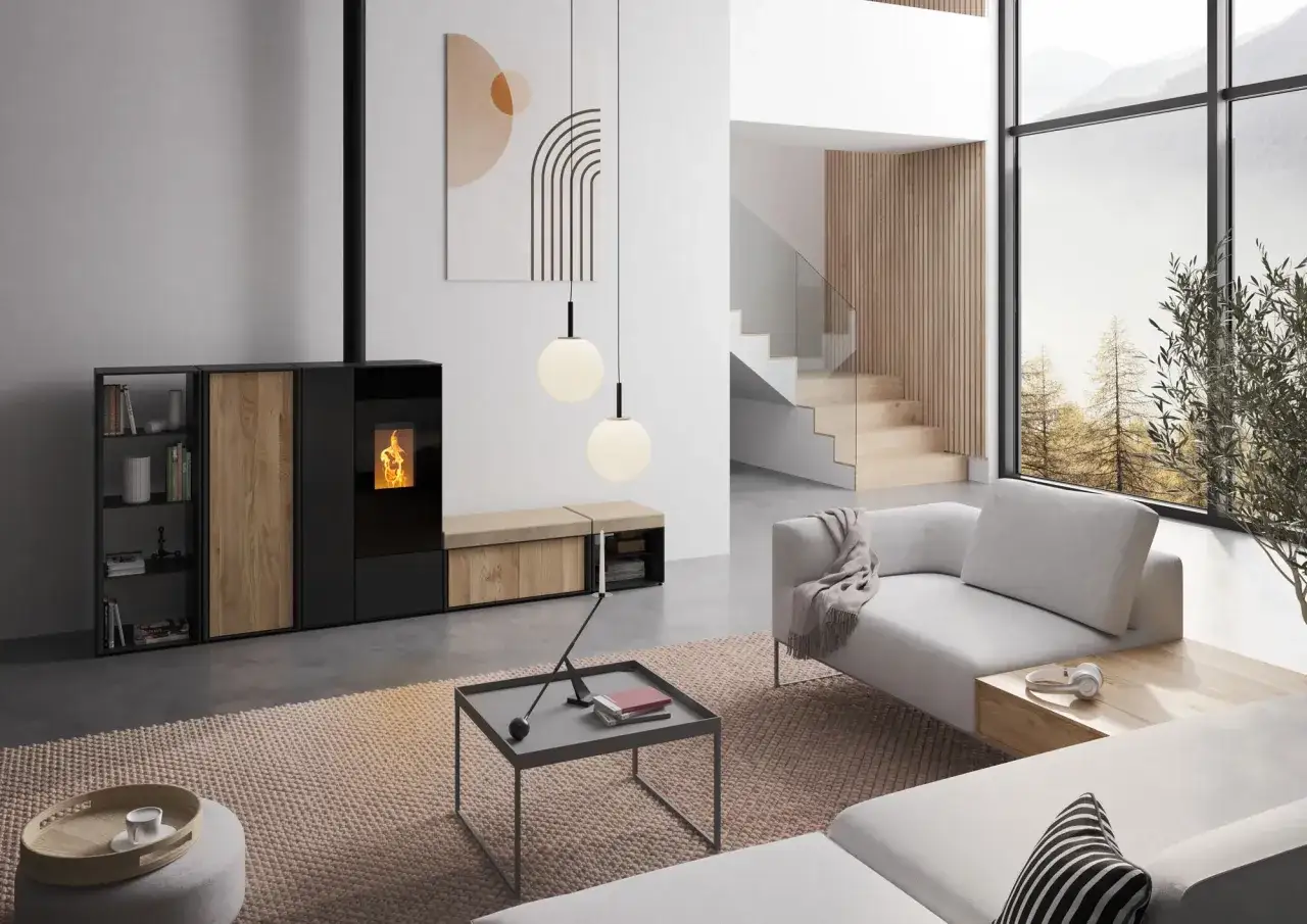 Un salon moderne avec un poêle à bois design, parfait pour le chauffage maison. Un canapé confortable et une grande fenêtre offrent une vue sur la nature.