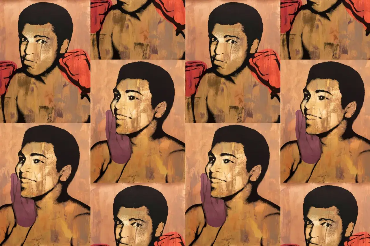 Andy Warhol-style portraits of Muhammad Ali in a grid, showing his iconic boxing stance and confident smile.