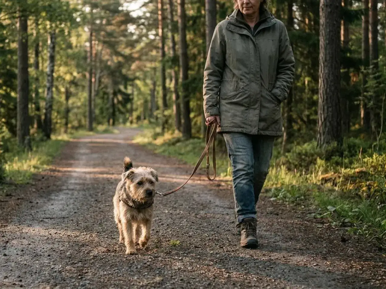 En person g&aring;r med sin hund p&aring; en grusv&auml;g i skogen. En h&auml;rlig promenad som visar hur ofta ska en hund rastas f&ouml;r att m&aring; bra.