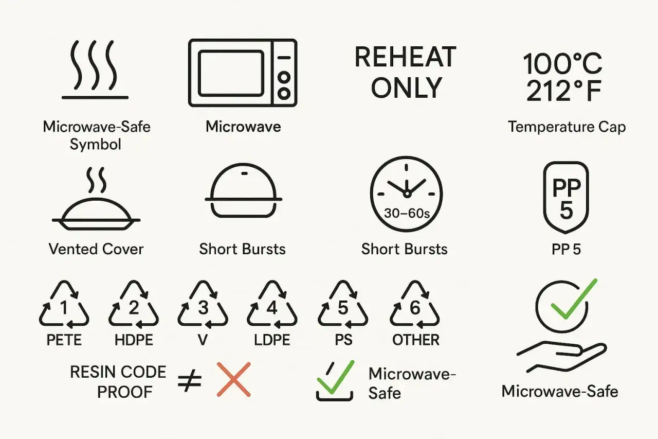 Symboles pour savoir si la céramique va au micro onde : symbole micro-ondes, couvercle ventilé, courts intervalles, température max, PP 5, codes résine.
