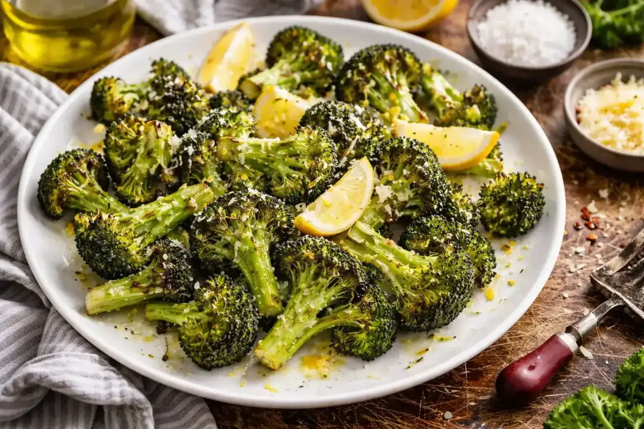 Brocolis r&ocirc;tis, parsem&eacute;s de parmesan et de quartiers de citron. Une recette simple et savoureuse pour sublimer ce l&eacute;gume.