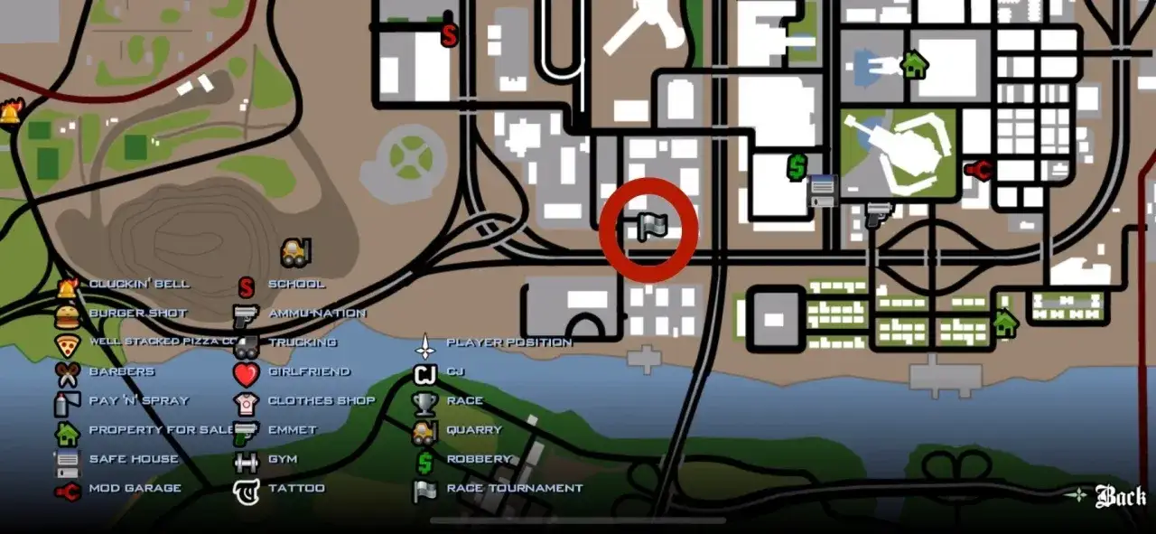 Mapa San Andreas z zaznaczonym punktem na mapie.