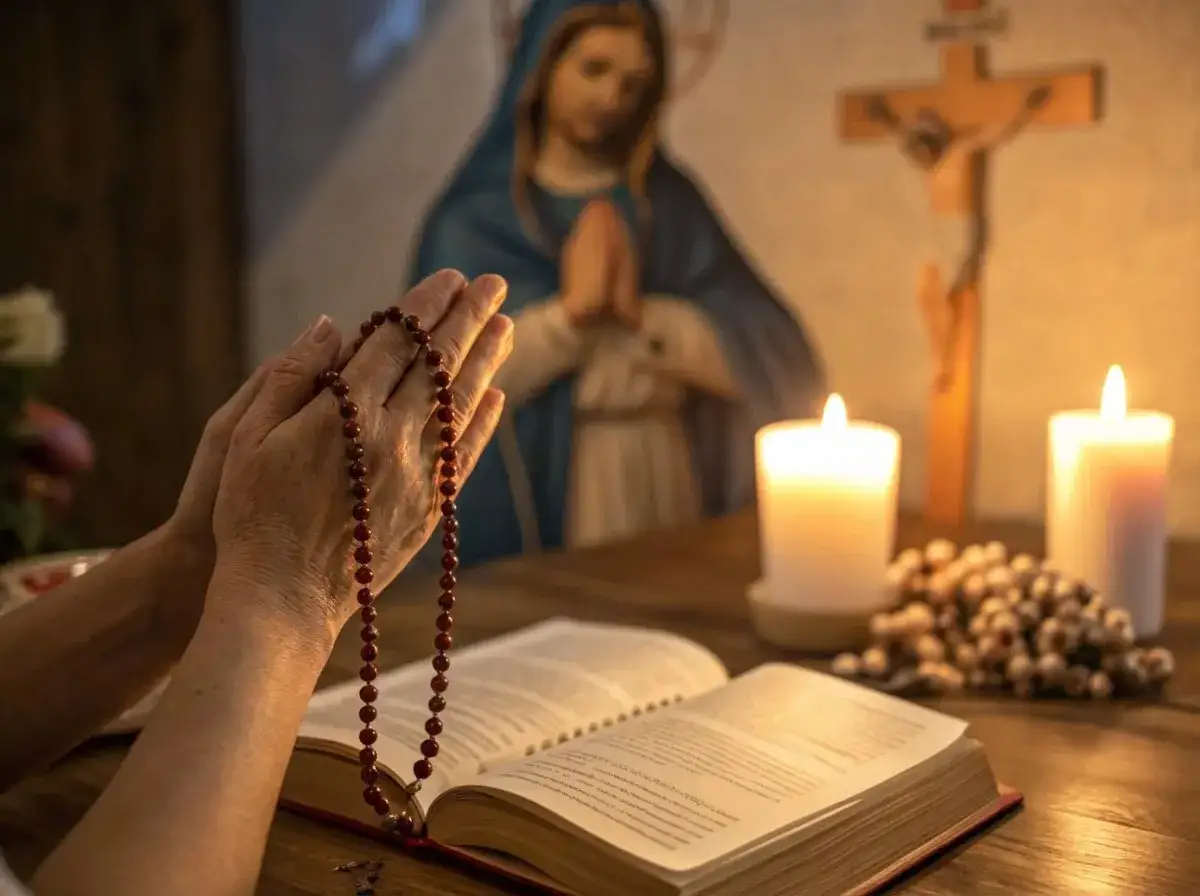 Dylematy rodziny: skutki odrzucenia sakramentów na łożu śmierci. Modlitwa z różańcem przy otwartej księdze, w tle figura Matki Boskiej i krzyż.