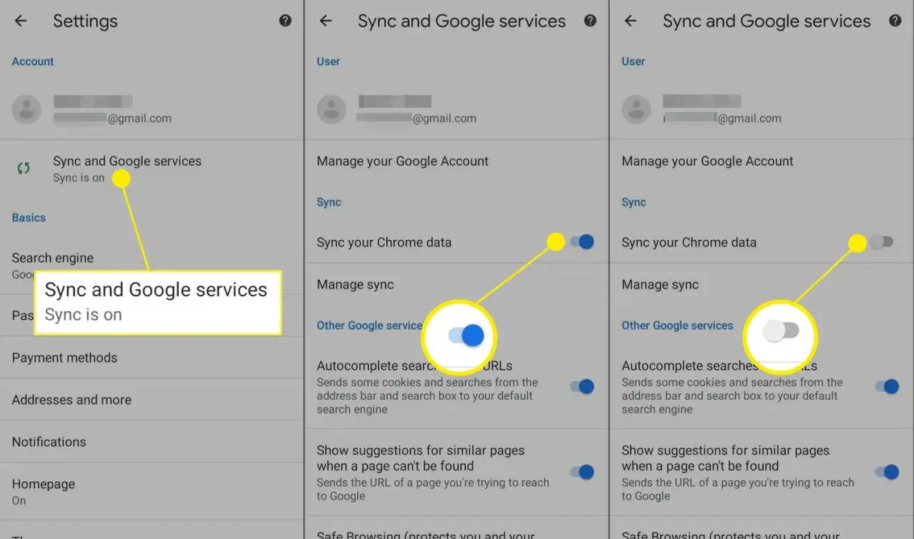 Ekran ustawień telefonu z włączoną synchronizacją konta Google. Widać opcję 