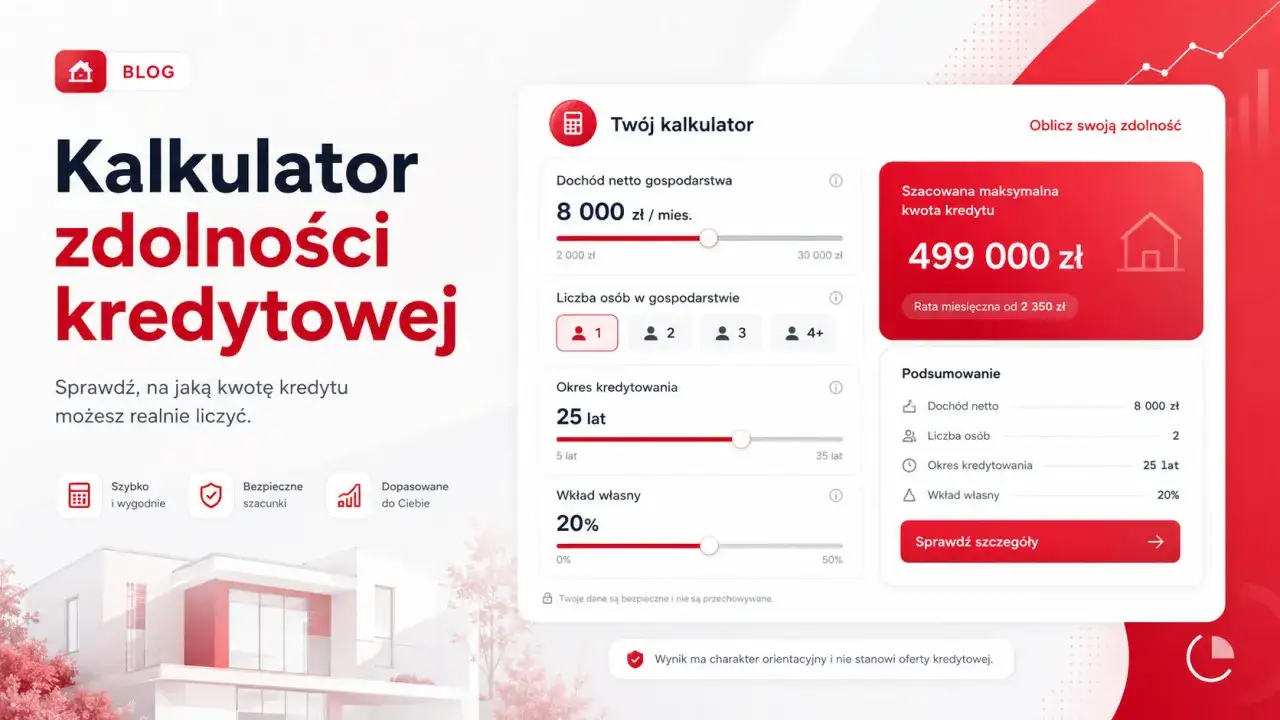Kalkulator zdolności kredytowej: oblicz, jakiej kwoty kredytu możesz oczekiwać, wprowadzając doch&oacute;d, liczbę os&oacute;b i okres kredytowania.