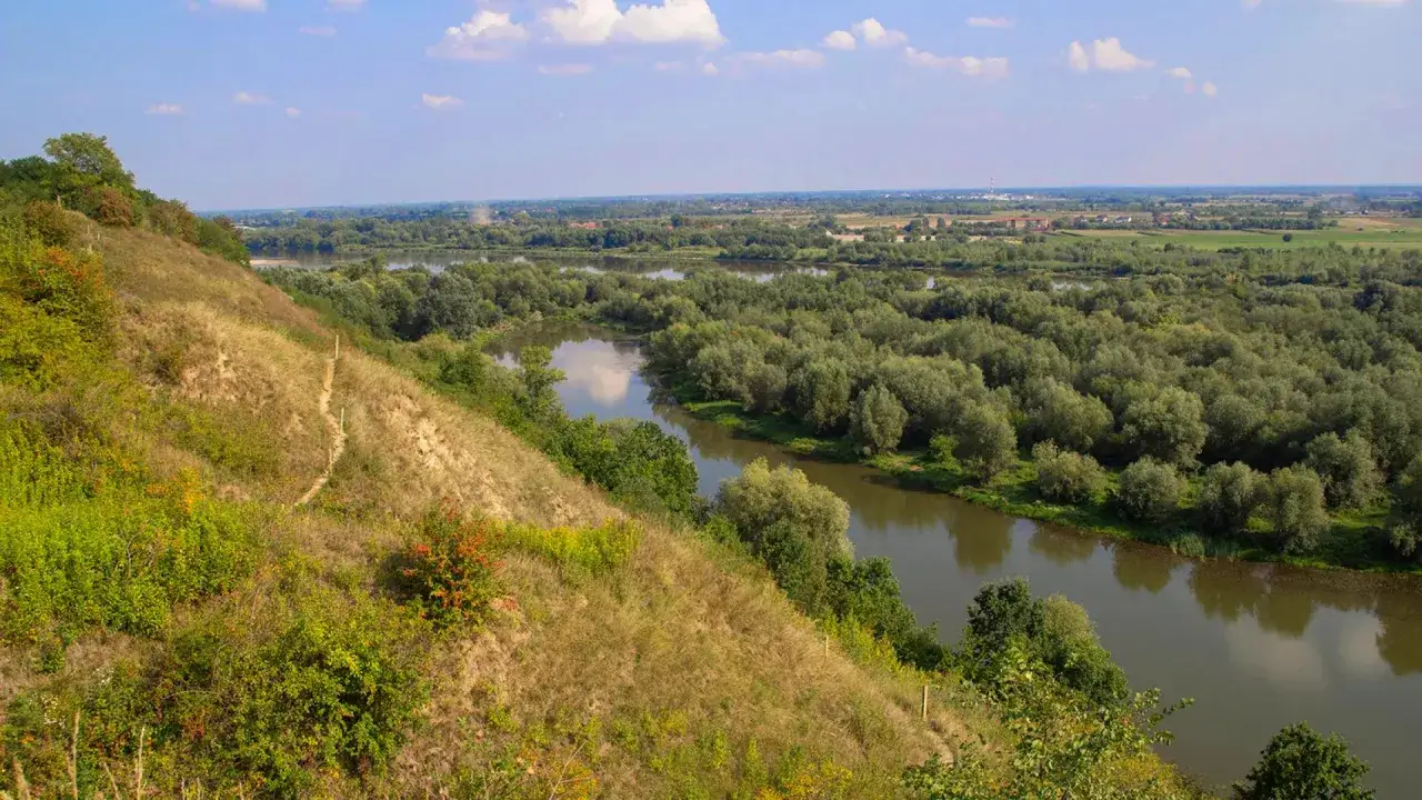 Malownicza trasa wzdłuż rzeki, z piaszczystym zboczem porośniętym trawami i krzewami. Widok na rozległą dolinę rzeczną otoczoną bujną zielenią.