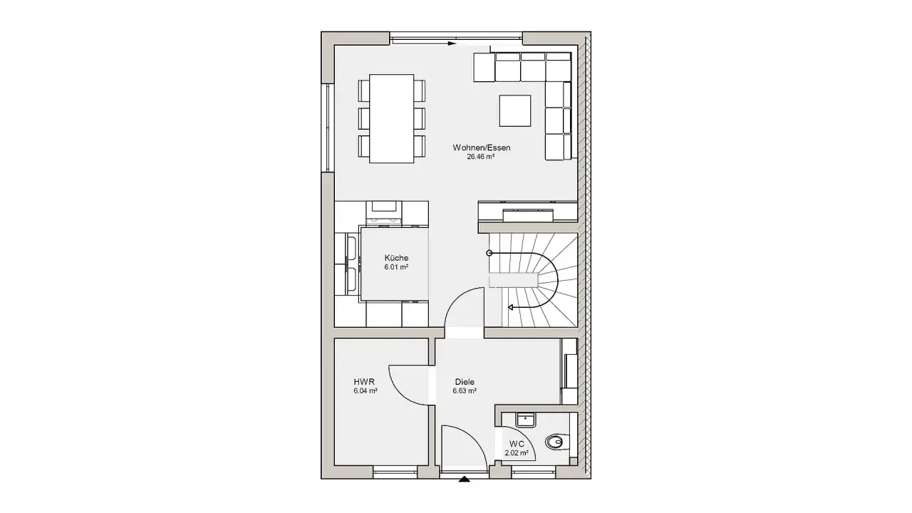 Grundriss eines Hauses mit Wohn-/Essbereich, K&uuml;che, Diele, WC, HWR und Treppe. Ideal zum **Bauen ohne Architekt**.