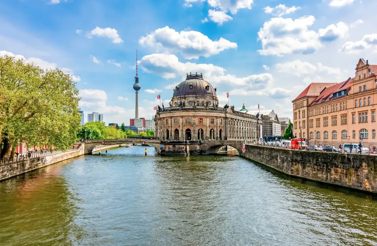 A beautiful day for a travel to Berlin! The Spree river flows past the Bode Museum, with the TV Tower in the distance.