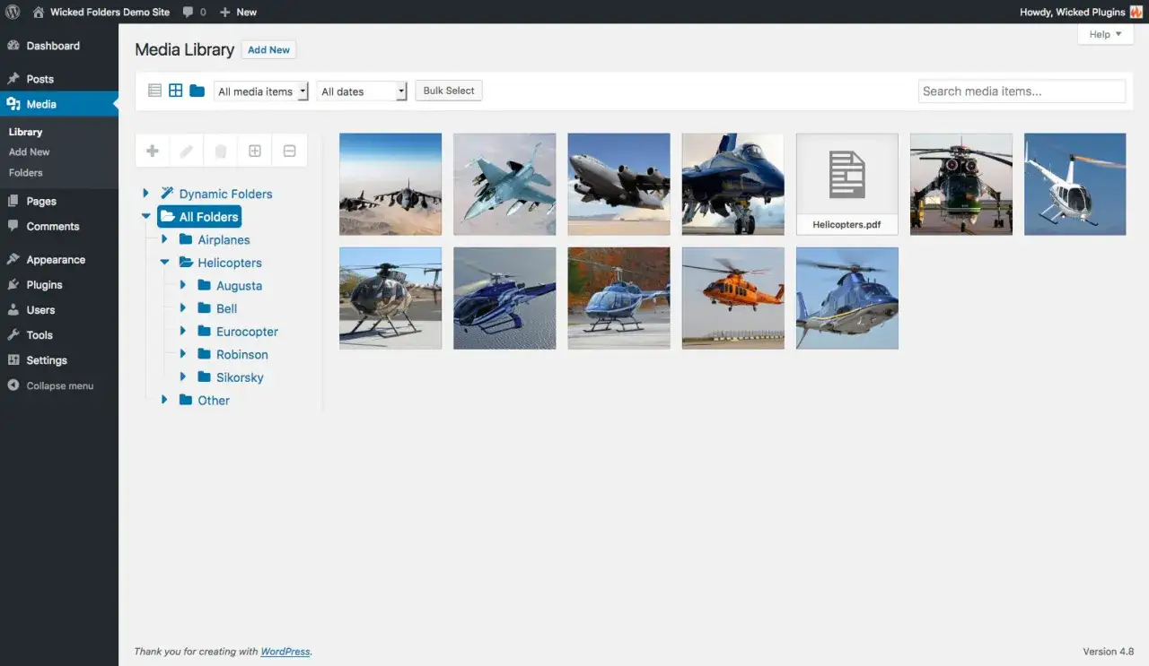 WordPress digital asset management interface showing a media library with folders for airplanes and helicopters.