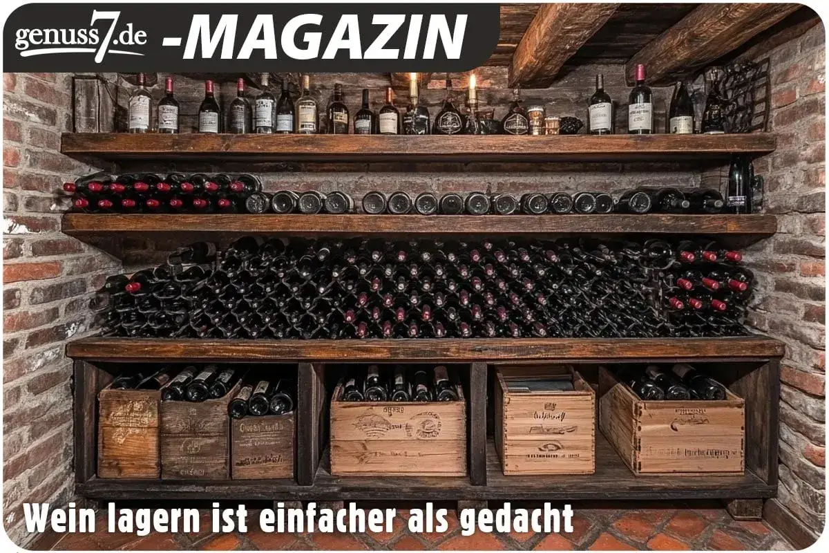 Holzregale mit vielen Flaschen Wein, darunter auch Rotwein lagern. Unten stehen Holzkisten mit weiteren Flaschen.