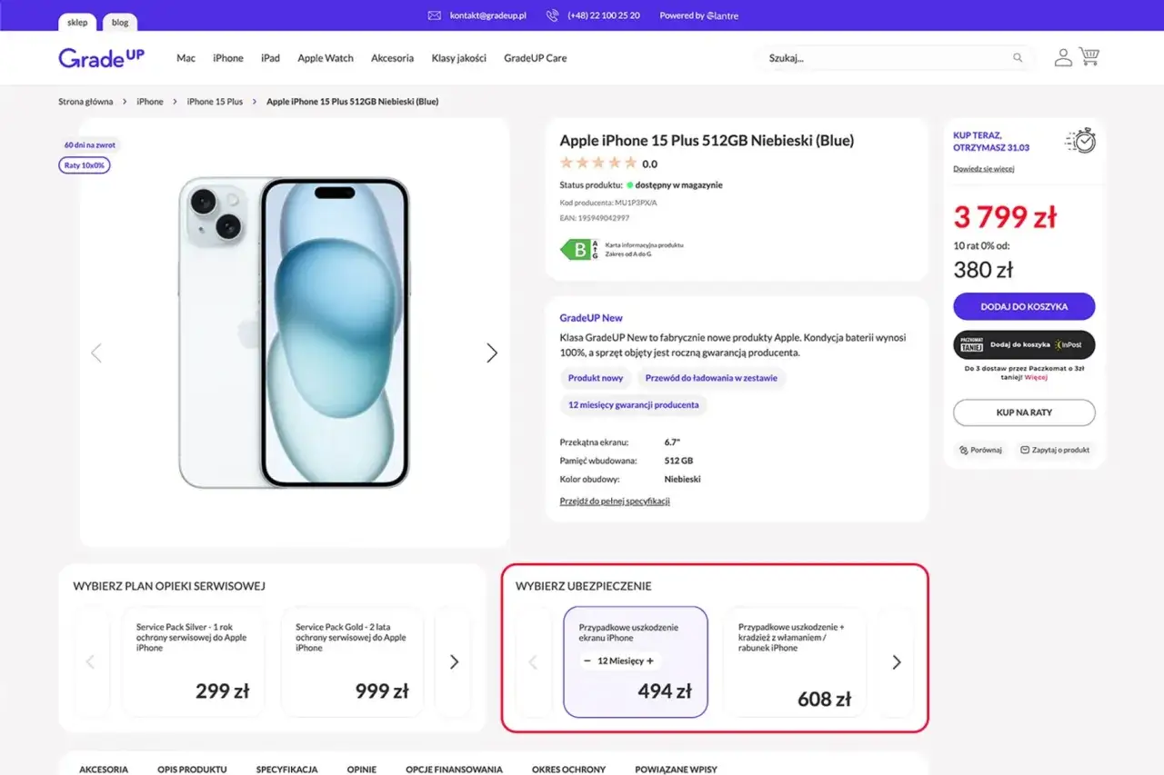 Wybierz ubezpieczenie iPhone 15 Plus 512GB Niebieski. Ochrona ekranu lub kradzież z włamaniem.