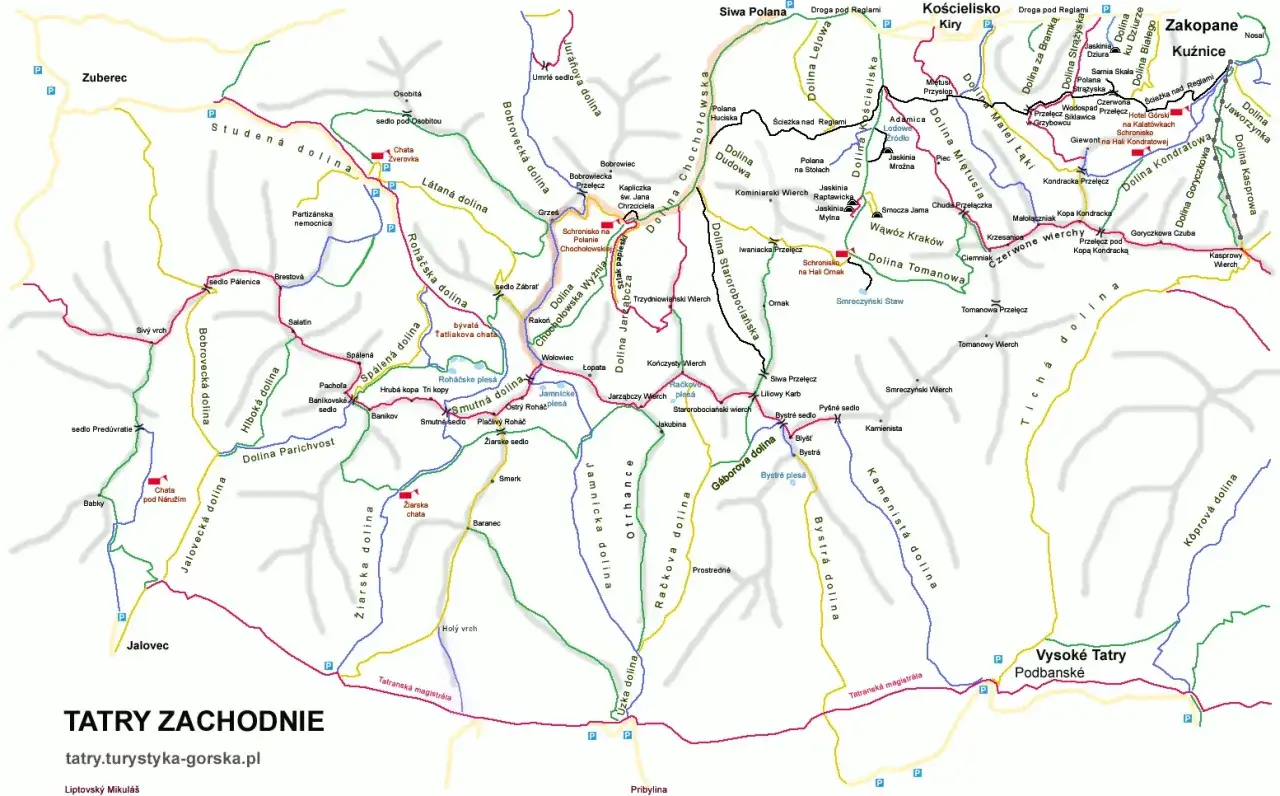Mapa szlaków w Tatrach Zachodnich. Znajdziesz tu trasy od Zuberca po Zakopane, przez Dolinę Rohacką i Dolinę Kościeliską.