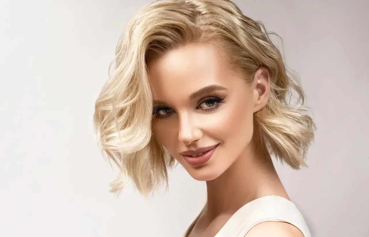 Kobieta z blond włosami w stylu wolf cut, z delikatnym uśmiechem i makijażem podkreślającym oczy.