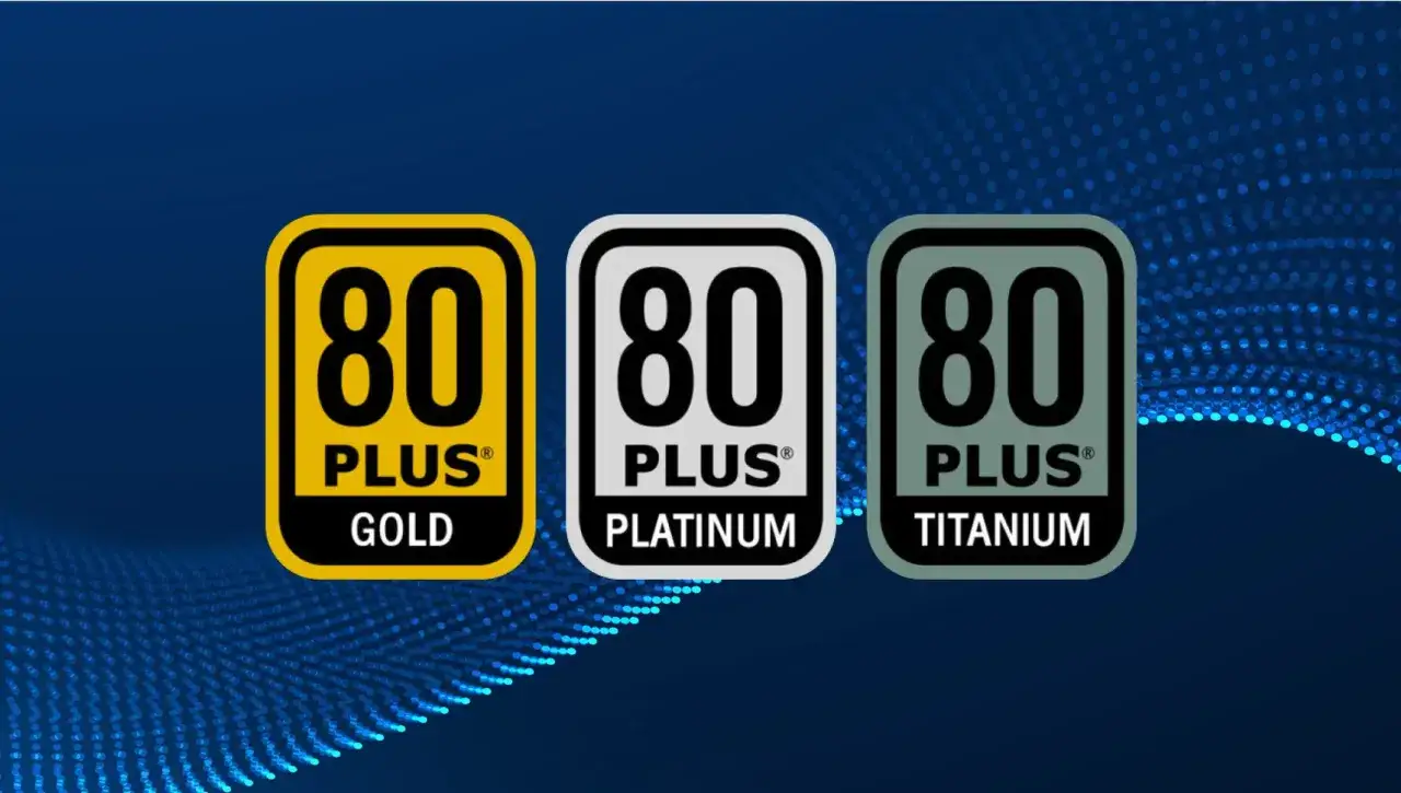 Drei Siegel: 80 PLUS Gold, Platinum und Titanium. Diese Auszeichnungen stehen f&uuml;r hohe Energieeffizienz, besser als 80 plus bronze.