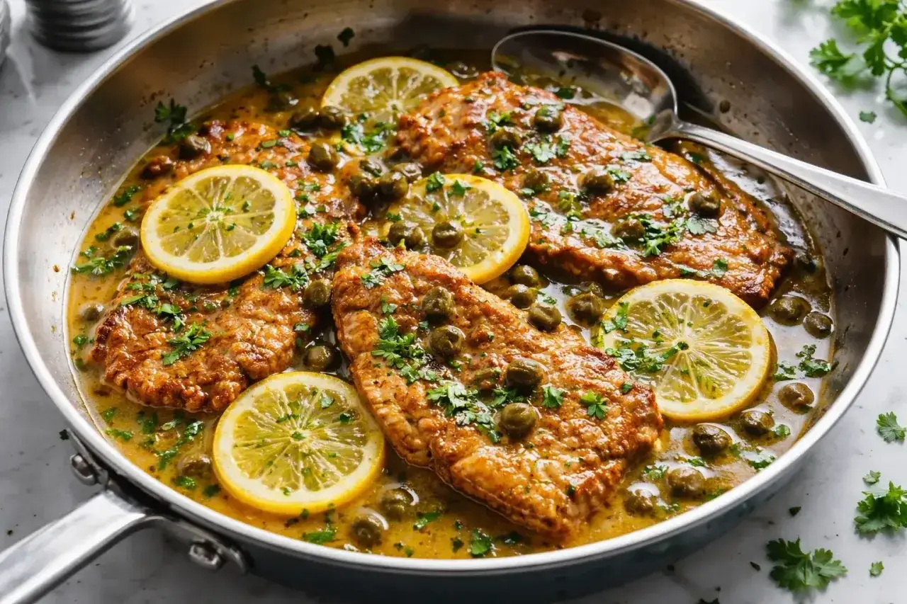Escalopes dorées baignant dans une sauce citronnée, garnies de câpres et de persil frais. Un plat de scaloppine al limone appétissant.