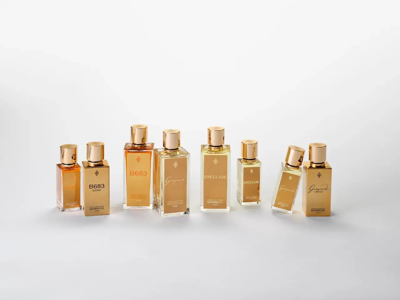 Kolekcja perfum Marc Antoine Barrois: B683, Ganymed i Encelade w złotych flakonach.