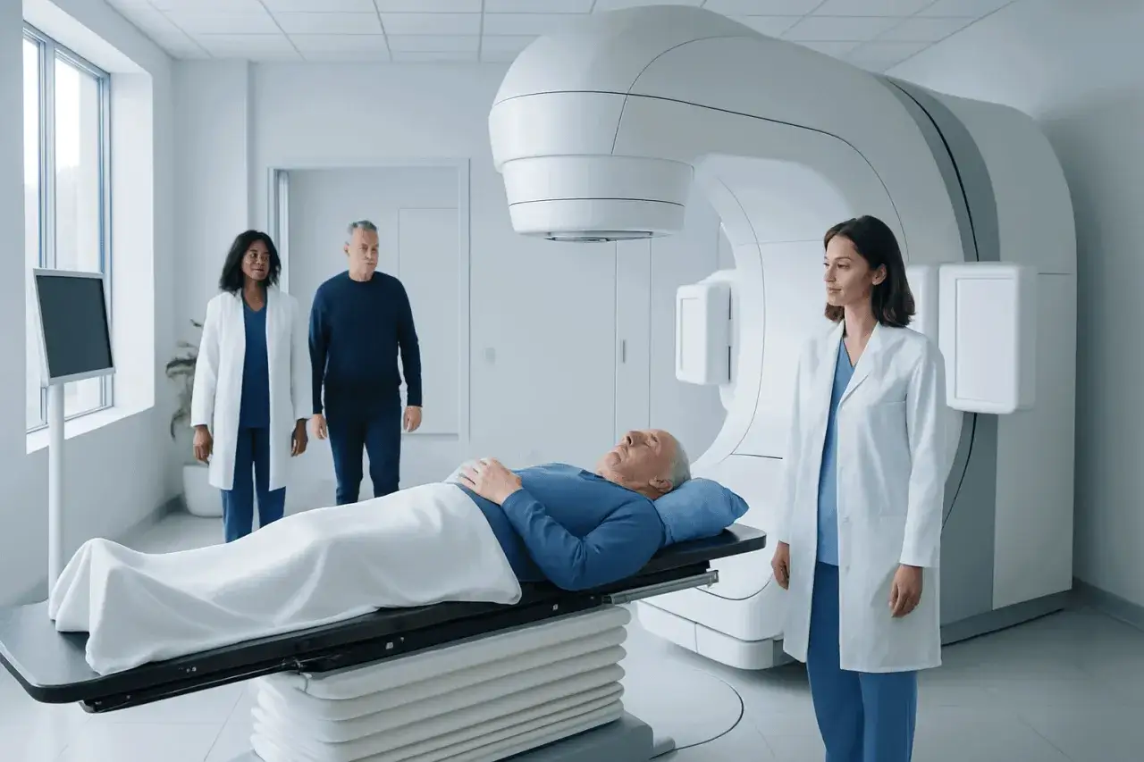 Ein Mann liegt auf einer Liege unter einem modernen Ger&auml;t f&uuml;r perkutane Strahlentherapie. &Auml;rzte beobachten den Patienten.