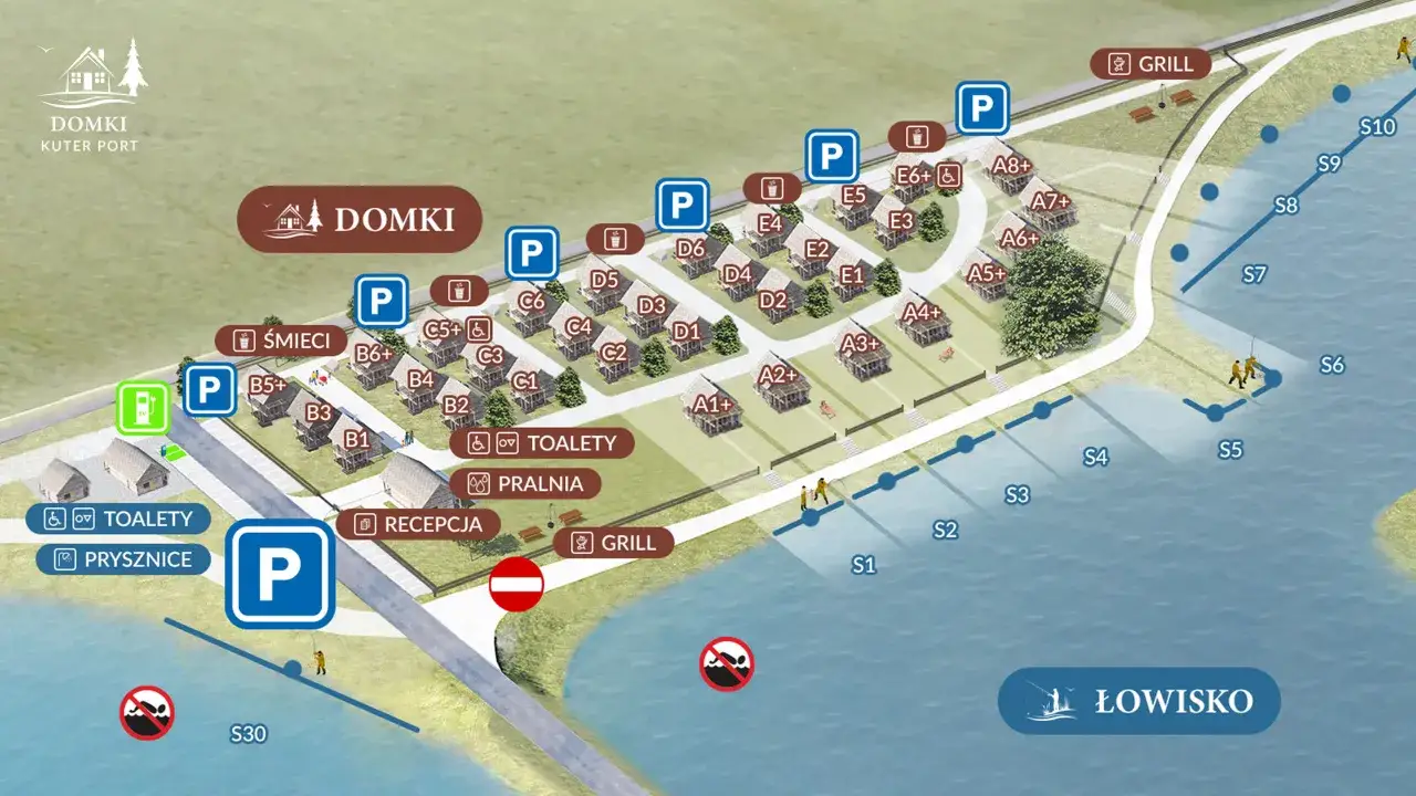 Mapa ośrodka DOMKI KUTER PORT. Widok z lotu ptaka na domki, parkingi, toalety, pralnię, recepcję, grill i łowisko z wyznaczonymi stanowiskami wędkarskimi.