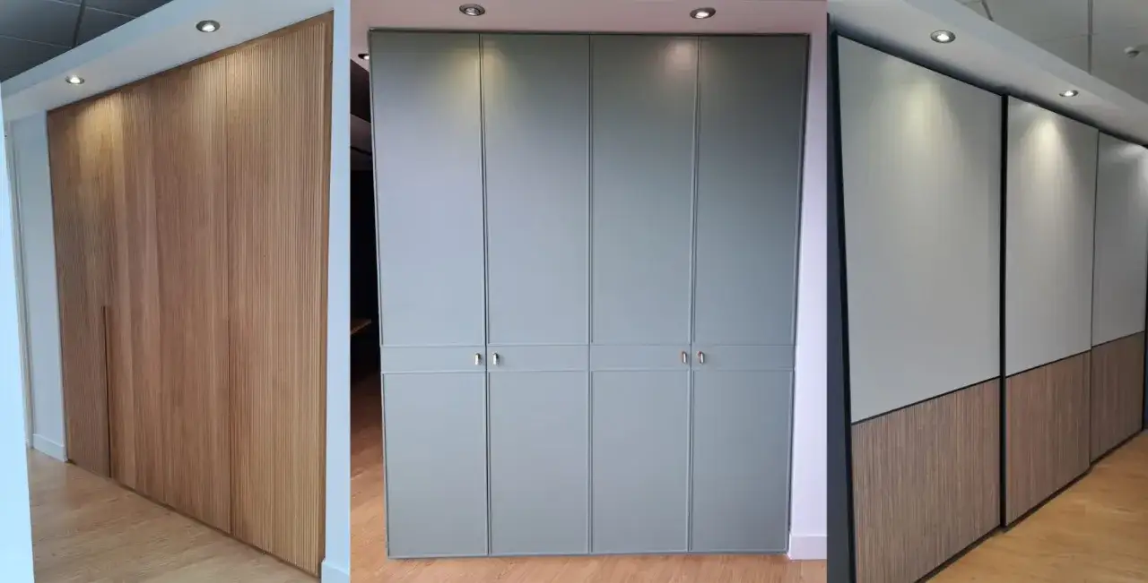 Tres estilos de puertas de armarios: madera acanalada, gris minimalista y bicolor. &iexcl;Ideas para tu hogar!