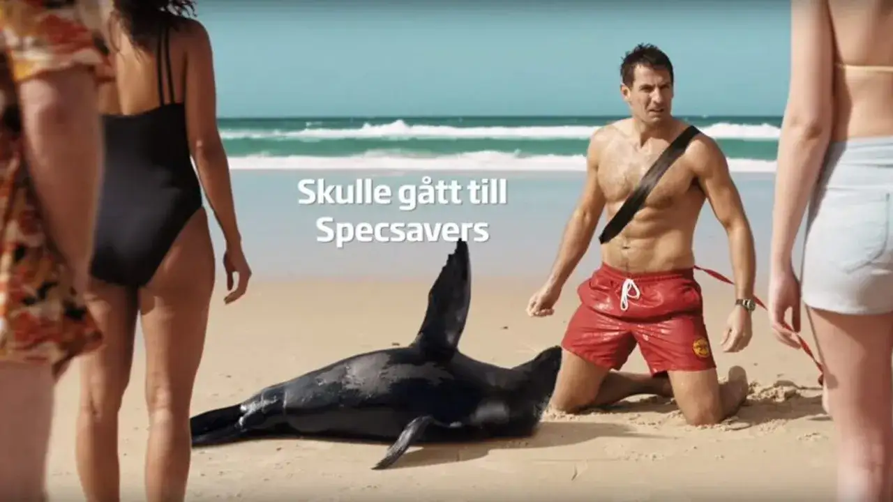 En badvakt p&aring; stranden m&ouml;ter en s&auml;l. Texten 