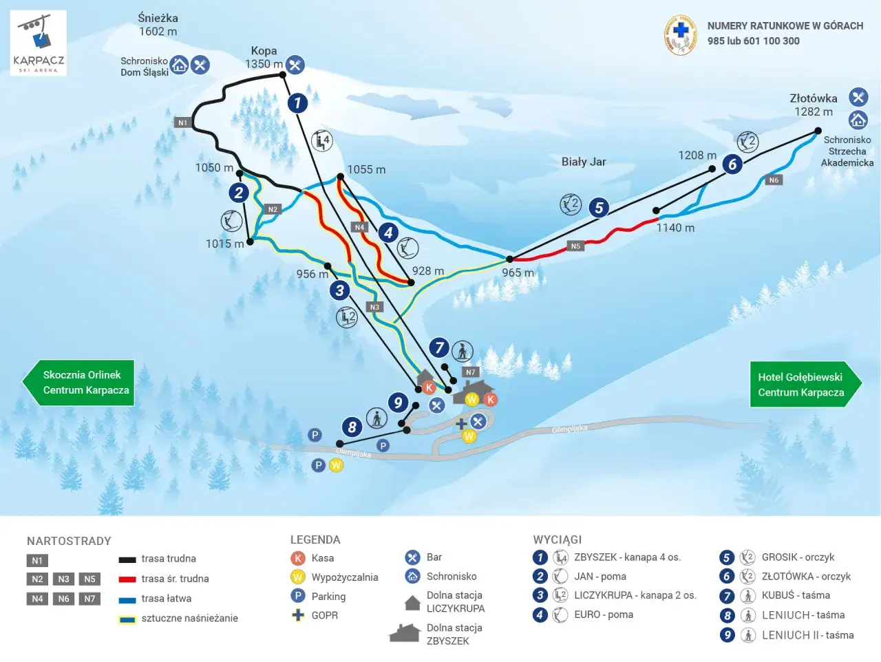 Mapa Karpacza Ski Arena z trasami narciarskimi u podnóża Śnieżki. Widoczne wyciągi, schroniska i punkty gastronomiczne.