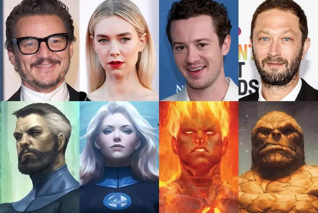 Obsada Fantastycznej Czwórki w naszej fantastycznej czwórce recenzja: Pedro Pascal, Vanessa Kirby, Joseph Quinn i Ebon Moss-Bachrach jako Mr. Fantastic, Invisible Woman, Human Torch i The Thing.