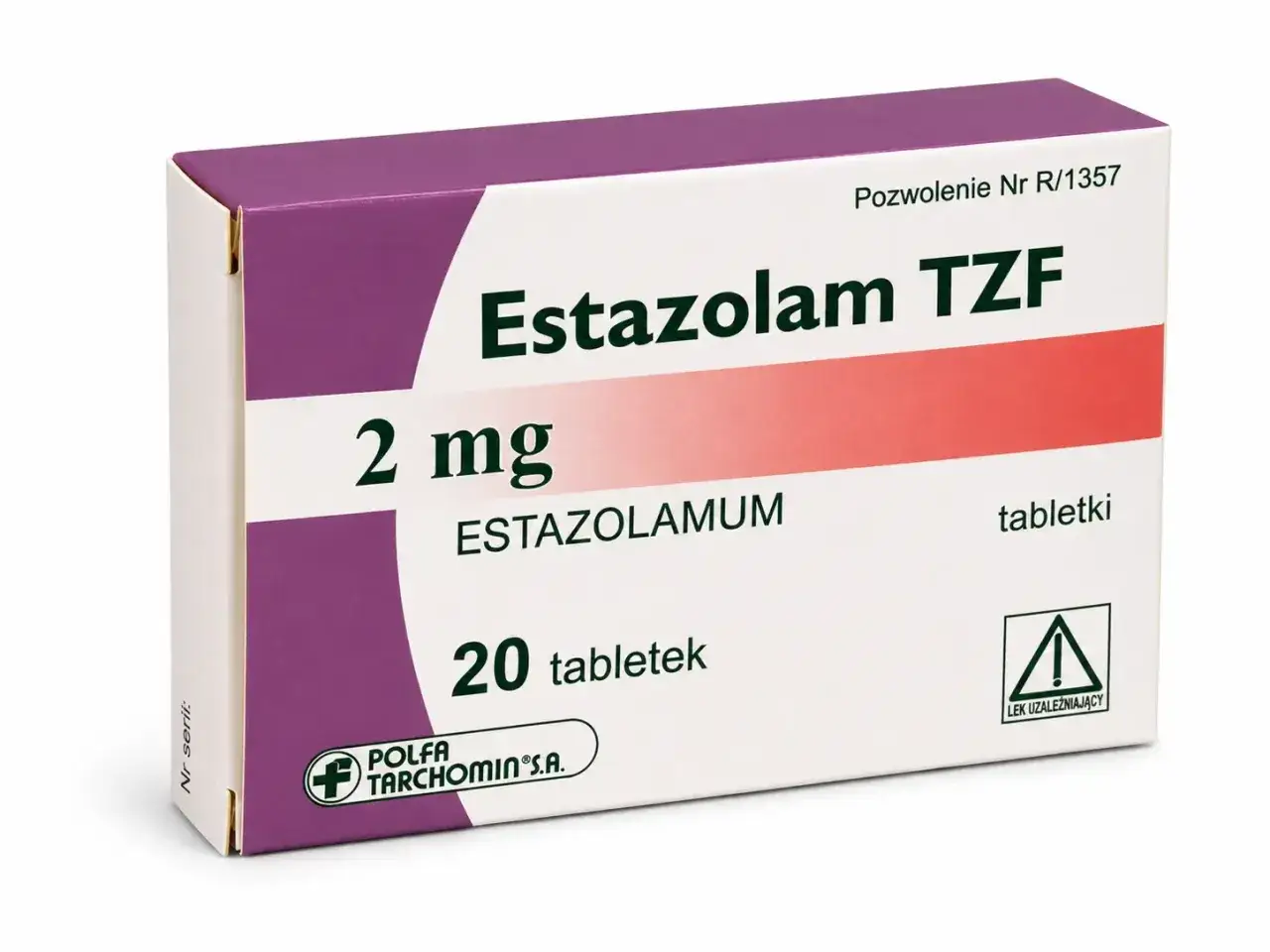 Opakowanie leku Estazolam TZF 2 mg, zawierające 20 tabletek. Symbol ostrzegawczy