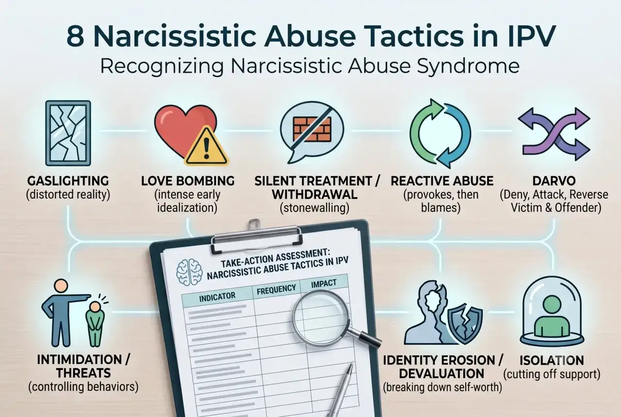 Jak żyć z narcyzem? Grafika przedstawia 8 taktyk nadużyć narcystycznych: gaslighting, love bombing, milczenie, reaktywną agresję, DARVO, zastraszanie, erozję tożsamości i izolację.