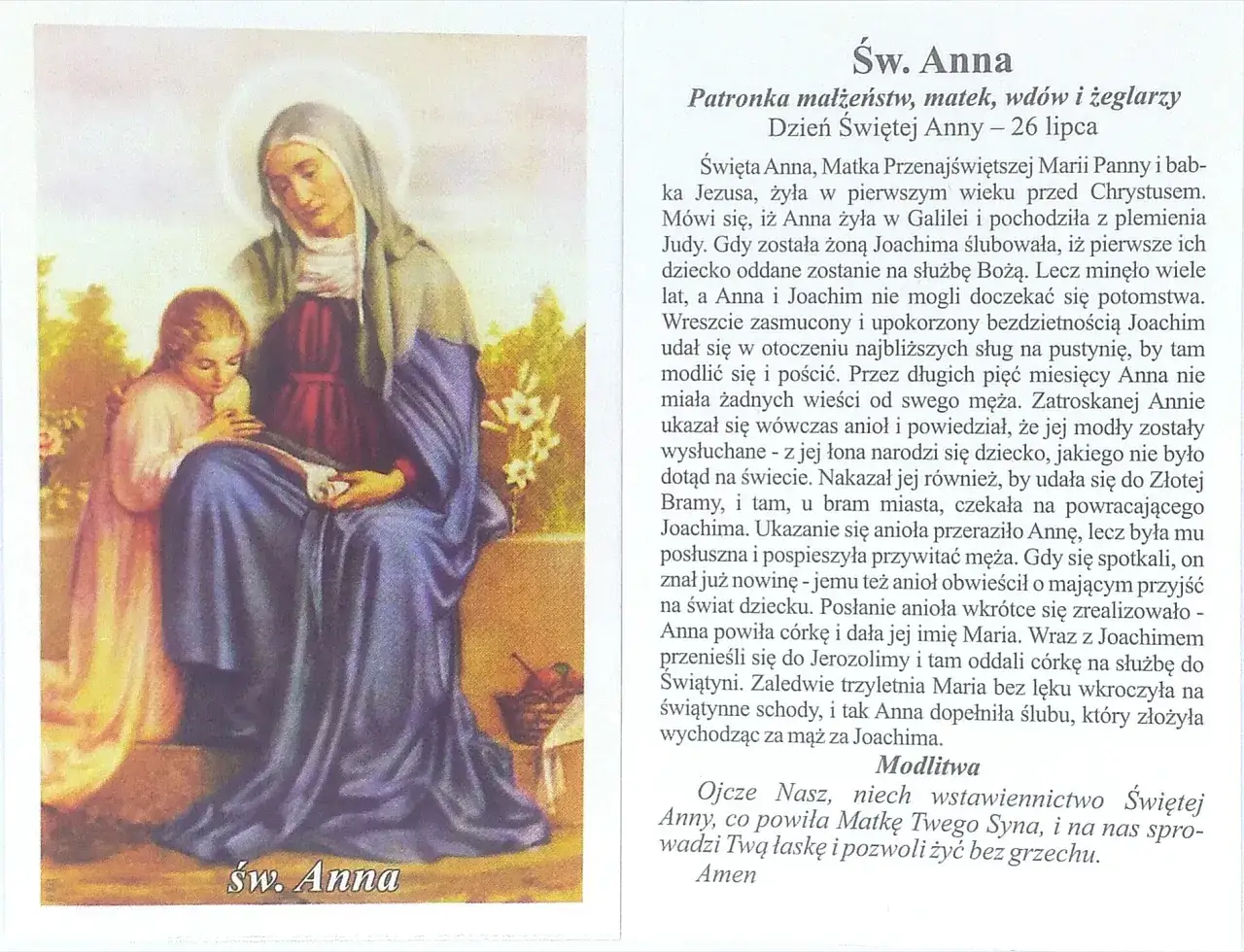 Święta Anna z Dzieciątkiem Jezus, patronka matek, w modlitwie do św. Anny patronki.