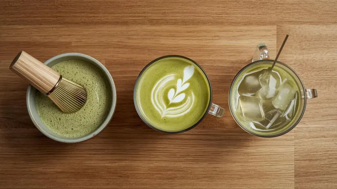Trzy napoje matcha: w miseczce z bambusową miotełką, latte art w kubku i mrożona wersja z lodem. Idealne na zdrową przekąskę, z niskim matcha kcal.
