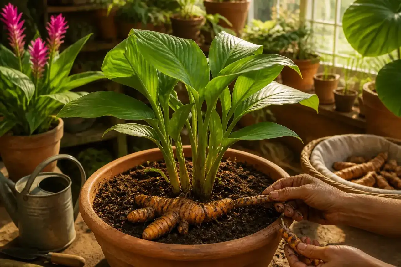 Gros rhizomes de curcuma sortent de la terre d'un pot. Cette plante d'int&eacute;rieur ou d'ext&eacute;rieur est pr&ecirc;te &agrave; &ecirc;tre cultiv&eacute;e.