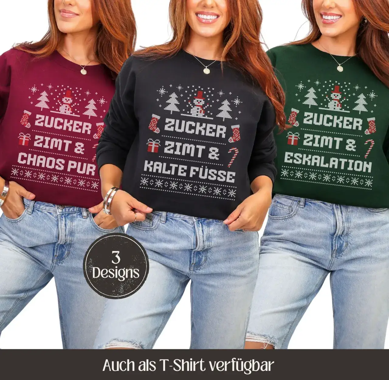 Gruppe von Freunden auf einer Mottoparty mit hässlichen T-Shirts