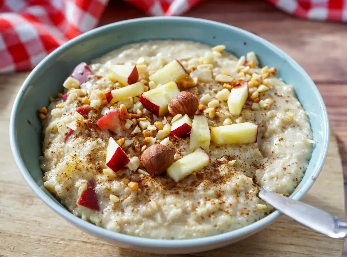 Schüssel mit cremigem Porridge, garniert mit Apfelstücken, Nüssen und Zimt. Perfekt, um Porridge kalt zu essen.